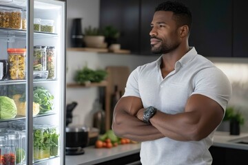 Fototapeta premium A thoughtful man examines his refrigerator's neatly arranged contents, reflecting on choices and habits within a stylish, contemporary kitchen environment.