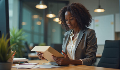 A businesswoman in a modern office opens a cardboard package on her desk, displaying focus and anticipation. The setup is well-organized, with plants adding a touch of greenery.