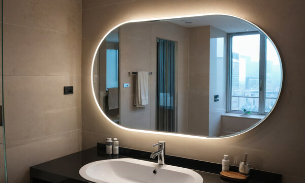 A modern bathroom with an oval mirror with a lighted perimeter
