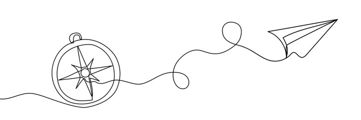 Paper plane and compass composition. Back to school education concept. Continuous one line drawing. Vector illustrations.  © Emilia