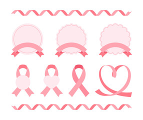 A set of illustrations of pink ribbons and frames, labels, badges and borders in various shapes. Heart-shaped ribbons symbolizing love.