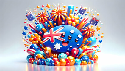 Obraz premium 3D Glossy Australian Fireworks Background Vibrant Display Colorful Bursts Ample Copy Space National Pride Festive Celebration Australia Day Icon Isolated White Background