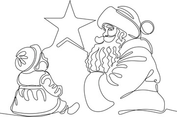 Character With A Sack Full Of Gifts. Vector Hand Drawn Illustration. One continuous line drawing Santa Claus on reindeer and sled. concept for Christmas and New Year
