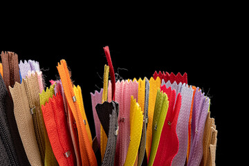 Multicolored Zippers or Zip Fasteners,  used for binding fabric or textile