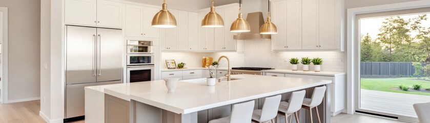 Fototapeta premium Modern kitchen design featuring sleek surfaces and stylish lighting.
