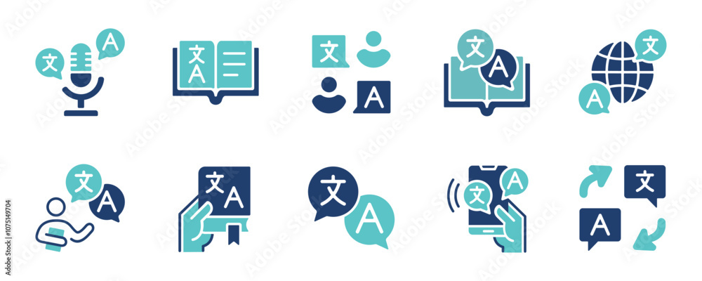 Poster online global communication language translate icon set international dictionary bubble dialog translation service business signs vector