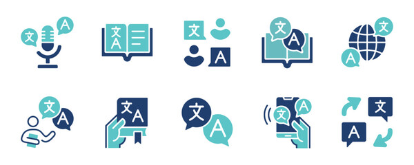online global communication language translate icon set international dictionary bubble dialog translation service business signs vector © elmantastic