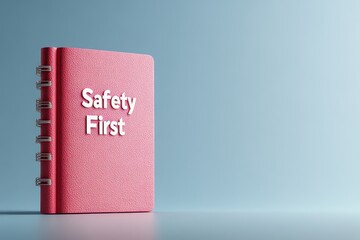 An Opened Book Featuring a Bright Pink Cover and the Words 'Safety First' on a Soft Blue Background for a Professional Safety Presentation or Educational Material