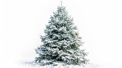A snowy Christmas tree with falling snowflakes, isolated on white background