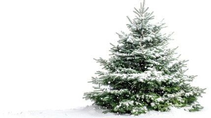 A snowy Christmas tree with falling snowflakes, isolated on white background