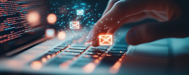 Hand typing on laptop with digital mail icons glowing brightly.