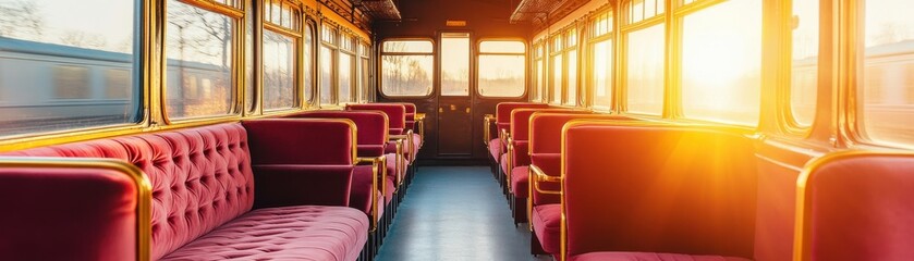 Fototapeta premium Interior of a vintage train with sunlight streaming through windows.