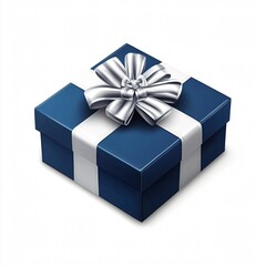 Obraz premium Dark Blue Gift Box with Silver Bow, Clean and Elegant, Isolated on White Background