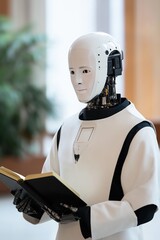 A robot is reading a book. The robot is white and black. The robot is holding a book in its hands