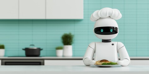 A robot chef is holding a plate of food in front of a kitchen counter. The robot is wearing a white hat and he is ready to serve the food. Concept of modernity and innovation