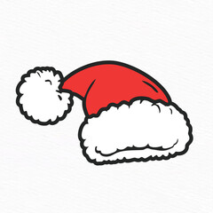 red santa hat with white trim and a fluffy pom-pom, illustrated with black border