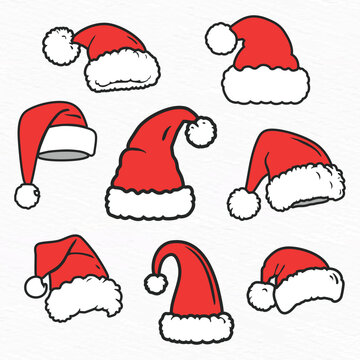 simple collection of red santa hats with white trim, line drawing clipart stricker