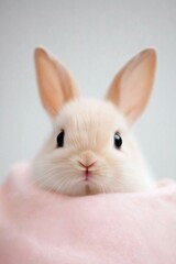 Obraz premium A baby rabbit is sitting on a pink blanket. The rabbit is looking at the camera with its eyes wide open