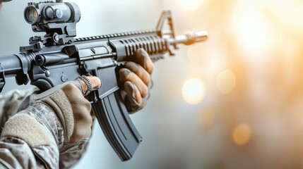 soldier hands firmly grip rifle, showcasing focus and readiness in blurred background