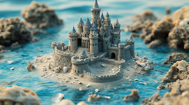 A stunning miniature castle emerges from the water, surrounded by rocky formations, creating a magical, dreamlike landscape. - Powered by Adobe