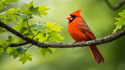 Vibrant Male Northern Cardinal Perched on an Oak Tree Branch. AI generated illustration