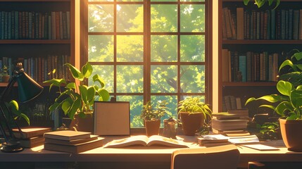 A desk bathed in warm sunlight, inviting relaxation and a quiet moment with a good book.