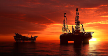 Obraz premium Silhouette of an offshore crude oil rig industry in the ocean against the sunset background.