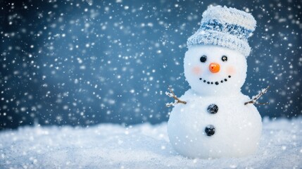 Fototapeta premium A cheerful snowman wearing a blue hat, set against a snowy backdrop with falling snowflakes.