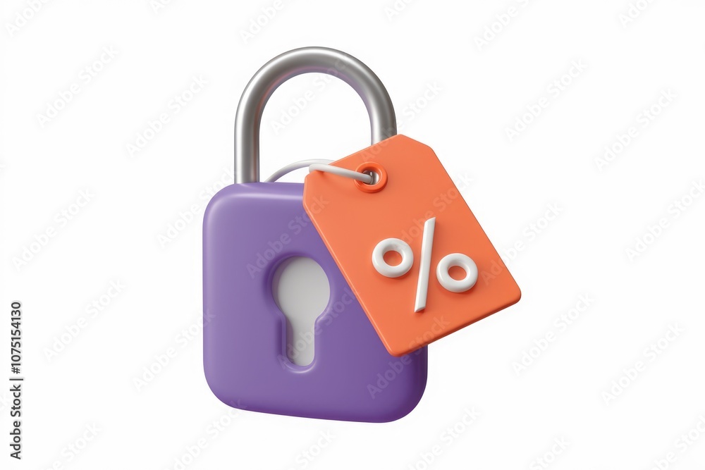 Poster a purple padlock with a red tag that has a percent symbol on it.