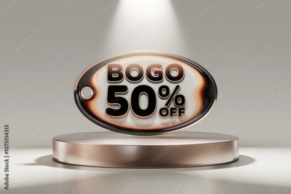Poster a 3d render of a bogo 50% off tag on a pedestal.