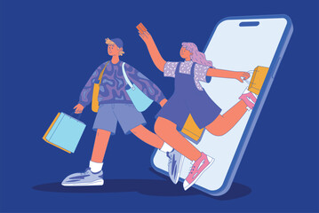 Flat vector illustration of two characters, a man and a woman, shopping online. The man holds shopping bags, and the woman carries bags while exiting a smartphone, isolated on a blue background.