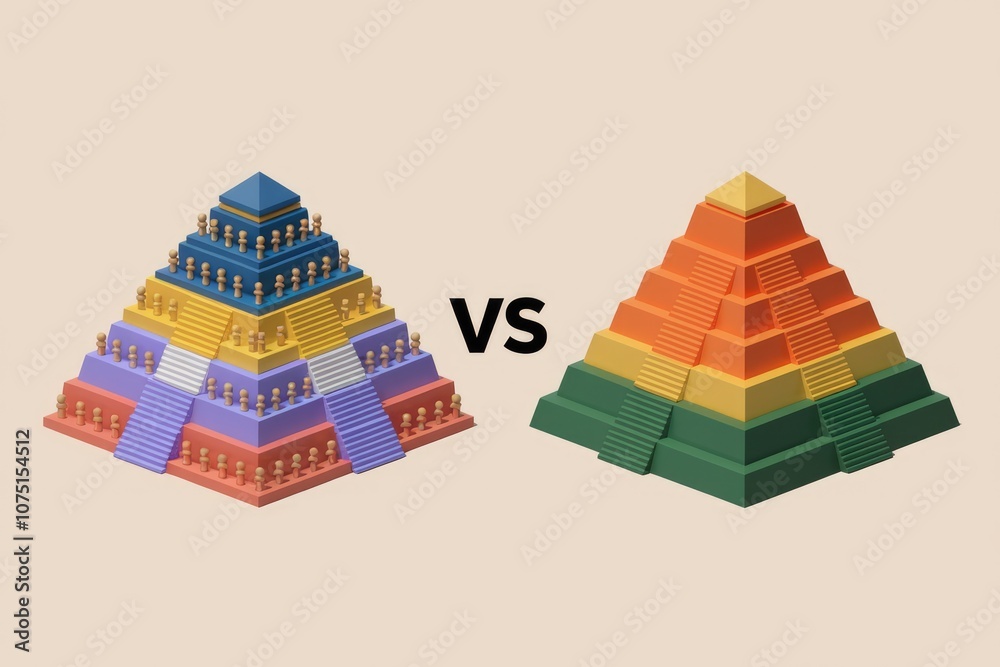 Poster Two colorful pyramids with stairs  one with figures on each level  representing different concepts.