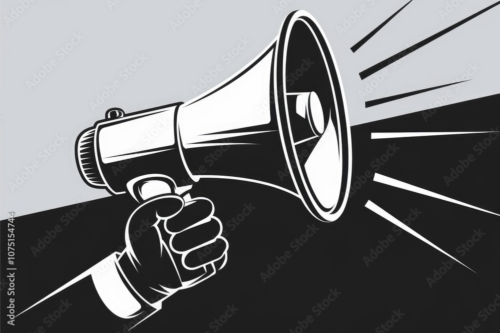 Poster A hand holds a megaphone  amplifying sound with radial lines representing the volume.