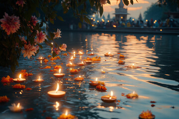 Devotees illuminate the sacred river with floating lamps at sunset