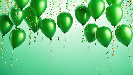 Green balloons with confetti and ribbons on green background.