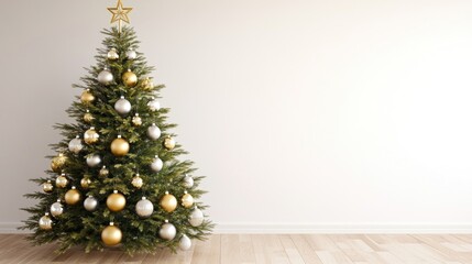 A decorated Christmas tree with gold and silver ornaments and a star on top, set in a minimalist room.