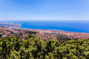 Panoramic view of a coast line with a sea in the background , Crete island , Greece