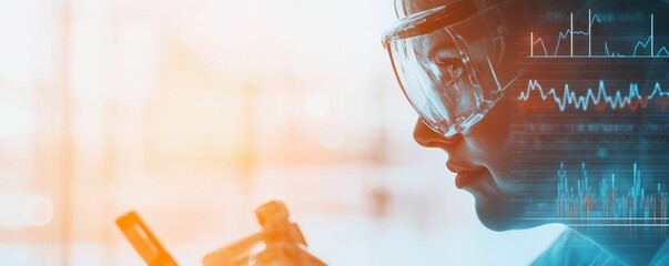 Researcher analyzing data on global warming close up, focus on, copy space Cool tones and sharp contrasts, Double exposure silhouette with temperature graphs and scientific tools