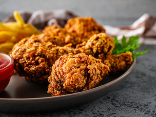 Crispy Fried Chicken with Golden French Fries, Delicious American Fast Food Meal, Hot and Crunchy