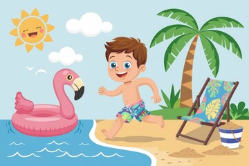 A happy boy runs towards the ocean on a sunny beach with a flamingo float and a beach chair.