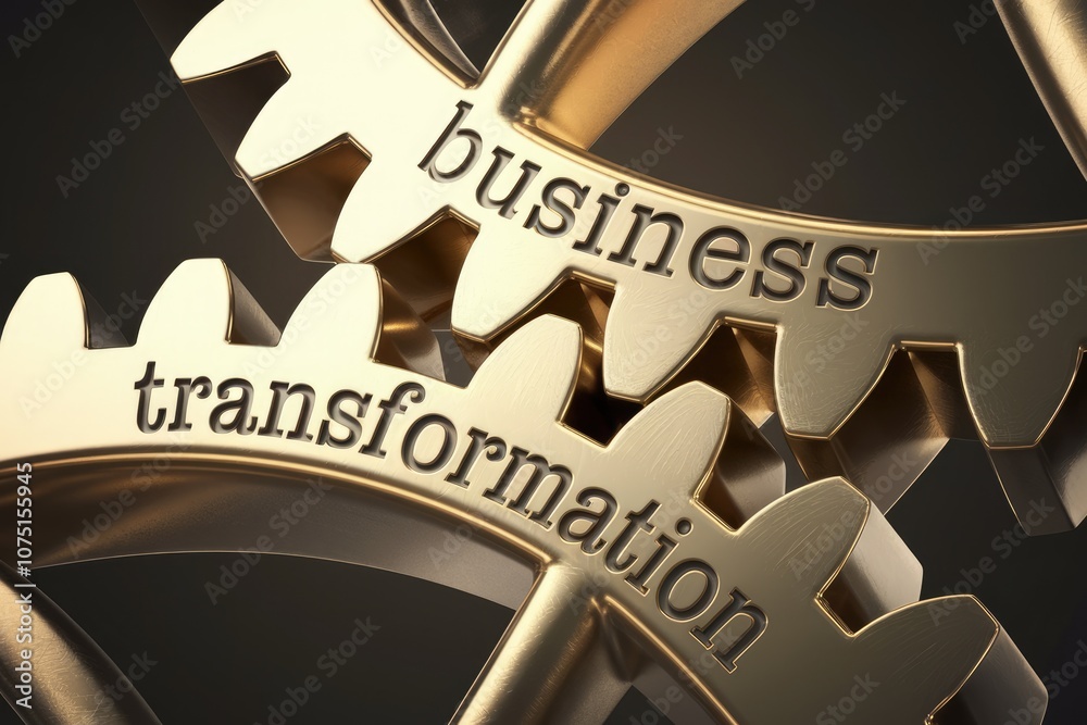 Aufkleber golden gears with words business transformation symbolize progress and change.