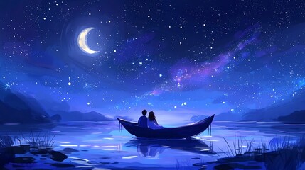 Naklejka premium A young couple silhouetted in a small boat peacefully floating on a calm lake under a breathtaking starry night sky The serene scene symbolizes their shared dreams and journey together