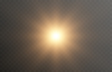 Vector sun light with glare. Golden flash png. Sun rays png. Glare from the sun, dawn, light effect.
