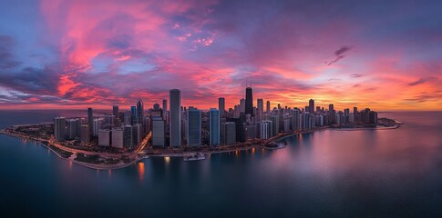 Fototapeta premium Aerial Photograph of Chicago Skyline at Sunset. AI generated illustration