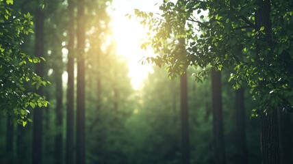 Obraz premium A serene forest path bathed in soft sunlight, surrounded by lush greenery and tall trees, creating a tranquil and peaceful atmosphere.