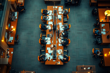 An aerial view of a lively law firm workspace filled with active attorneys