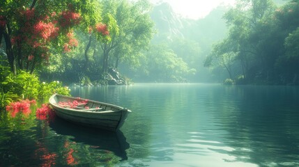 Serene lake with a boat surrounded by lush greenery and flowers.
