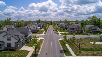 Wide angle shot of a neighborhood with identical single-story homes lined up along a quiet street.