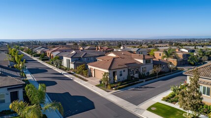 Wide angle shot of a neighborhood with identical single-story homes lined up along a quiet street.
