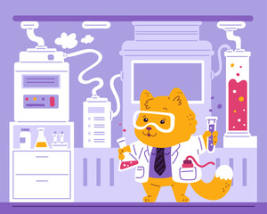 Cute cat scientist holds tubes of chemicals and making experiment in scientific laboratory, cartoon vector animal doctor